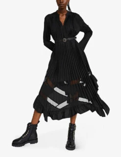 CLAUDIE PIERLOT Riversa Pleated Ruffled Woven Maxi Dress -Whistles Shop R03959840 NOIRGRIS ALT04