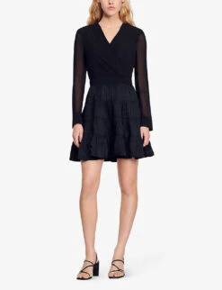 Sandro Ruffled Woven Mini Dress -Whistles Shop R03962637 NOIRGRIS ALT02
