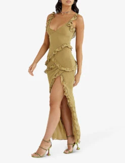 Pixie Ruffled Mesh Maxi Dress -Whistles Shop R03980372 OLIVE ALT02