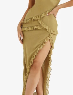 Pixie Ruffled Mesh Maxi Dress -Whistles Shop R03980372 OLIVE ALT04