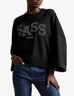 Ted Baker Sassi Metallic Slogan-appliqué Stretch-jersey Sweatshirt 6 Ted Baker Sassi Metallic Slogan-appliqué Stretch-jersey Sweatshirt -Whistles Shop R04071388 BLACK ALT02