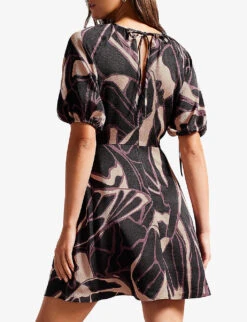 Ted Baker Gilliaa Abstract-print Puff-sleeved Woven Mini Dress -Whistles Shop R04082053 BLACK ALT02