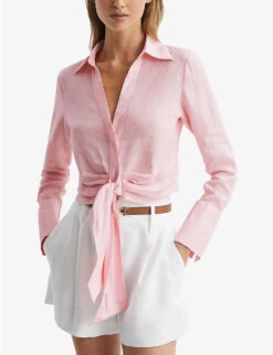 Reiss Dahlia Point-collar Tie-waist Linen Shirt 6 Reiss Dahlia Point-collar Tie-waist Linen Shirt -Whistles Shop R04082353 PINK ALT02