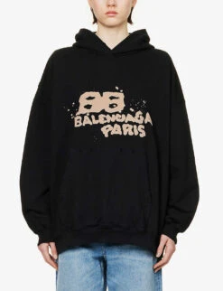 Balenciaga Branded-print Cotton Hoody -Whistles Shop R04100070 BLACKECRU ALT02