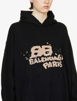 Balenciaga Branded-print Cotton Hoody -Whistles Shop R04100070 BLACKECRU ALT04