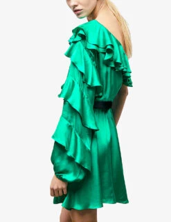 THE KOOPLES Asymmetric Puff-sleeve Satin Mini Dress -Whistles Shop R04121419 GRN01 ALT02