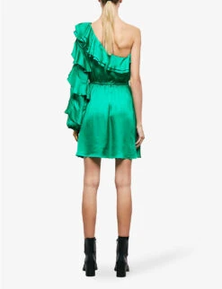 THE KOOPLES Asymmetric Puff-sleeve Satin Mini Dress -Whistles Shop R04121419 GRN01 ALT03