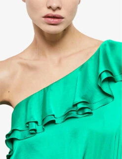 THE KOOPLES Asymmetric Puff-sleeve Satin Mini Dress -Whistles Shop R04121419 GRN01 ALT04