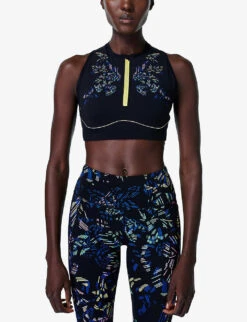 Sweaty Betty Power Contour Zip Abstract-print Stretch-woven Sports Bra -Whistles Shop R04127294 BLACKFLORALPRINT ALT02