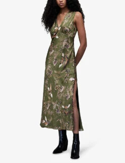 AllSaints Karla Peggy Patterned Slim-fit Woven-blend Midi Dress -Whistles Shop R04131452 KHAKIGREEN ALT02