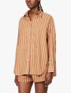 Faithfull The Brand Daija Striped Split-sides Cotton Shirt -Whistles Shop R04135574 ADIASTRIPEPRTHAZELNUT ALT02