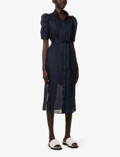 FRAME Gillian Self-tie Ramie Midi Dress -Whistles Shop R04146440 NAVY ALT02