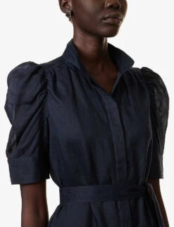 FRAME Gillian Self-tie Ramie Midi Dress -Whistles Shop R04146440 NAVY ALT04