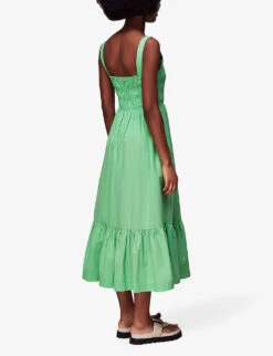Whistles Greta Shirred-bodice Cotton Poplin Midi Dress -Whistles Shop R04146884 GREEN ALT02