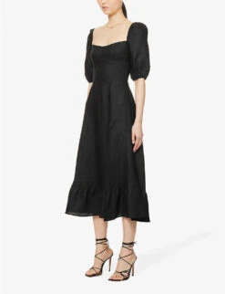 Sweetheart-neck Puff-sleeve Linen Midi Dress -Whistles Shop R04149601 BLACK ALT02
