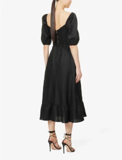 Sweetheart-neck Puff-sleeve Linen Midi Dress -Whistles Shop R04149601 BLACK ALT03