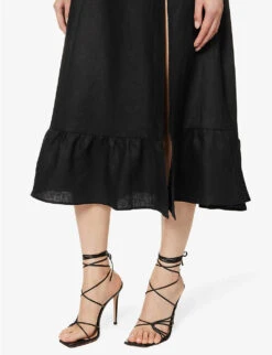 Sweetheart-neck Puff-sleeve Linen Midi Dress -Whistles Shop R04149601 BLACK ALT04