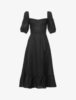 Sweetheart-neck Puff-sleeve Linen Midi Dress