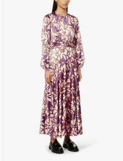ME AND EM Graphic-print Flared-hem Satin Maxi Dress -Whistles Shop R04151509 CREAMPURPLEORANGE ALT02