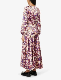 ME AND EM Graphic-print Flared-hem Satin Maxi Dress -Whistles Shop R04151509 CREAMPURPLEORANGE ALT03