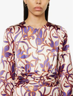 ME AND EM Graphic-print Flared-hem Satin Maxi Dress -Whistles Shop R04151509 CREAMPURPLEORANGE ALT04