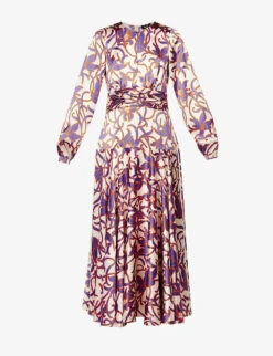 ME AND EM Graphic-print Flared-hem Satin Maxi Dress