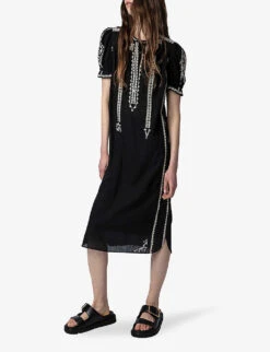 Zadig & Voltaire Rigy Floral-embroidered Puff-sleeve Organic-cotton Midi Dress -Whistles Shop R04151927 NOIR ALT02