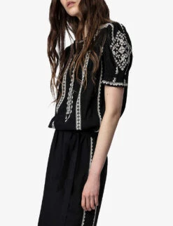 Zadig & Voltaire Rigy Floral-embroidered Puff-sleeve Organic-cotton Midi Dress -Whistles Shop R04151927 NOIR ALT04