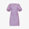 Ganni Check-print Puff-sleeves Organic Cotton-blend Mini Dress