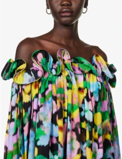 Ruffle-trim Off-the-shoulder Woven Mini Dress -Whistles Shop R04154804 FLOWERSPRINT ALT04