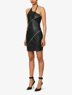Zip-embellished Halterneck Leather Mini Dress -Whistles Shop R04158017 BLACK ALT02