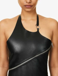 Zip-embellished Halterneck Leather Mini Dress -Whistles Shop R04158017 BLACK ALT05