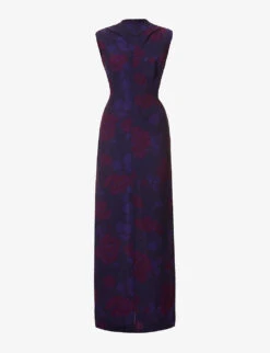 Floral-print High-neck Silk Maxi Dress