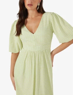 Gingham-print V-neck Stretch-woven Midi Dress -Whistles Shop R04161755 GREEN ALT02