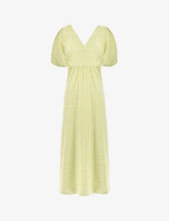 Gingham-print V-neck Stretch-woven Midi Dress