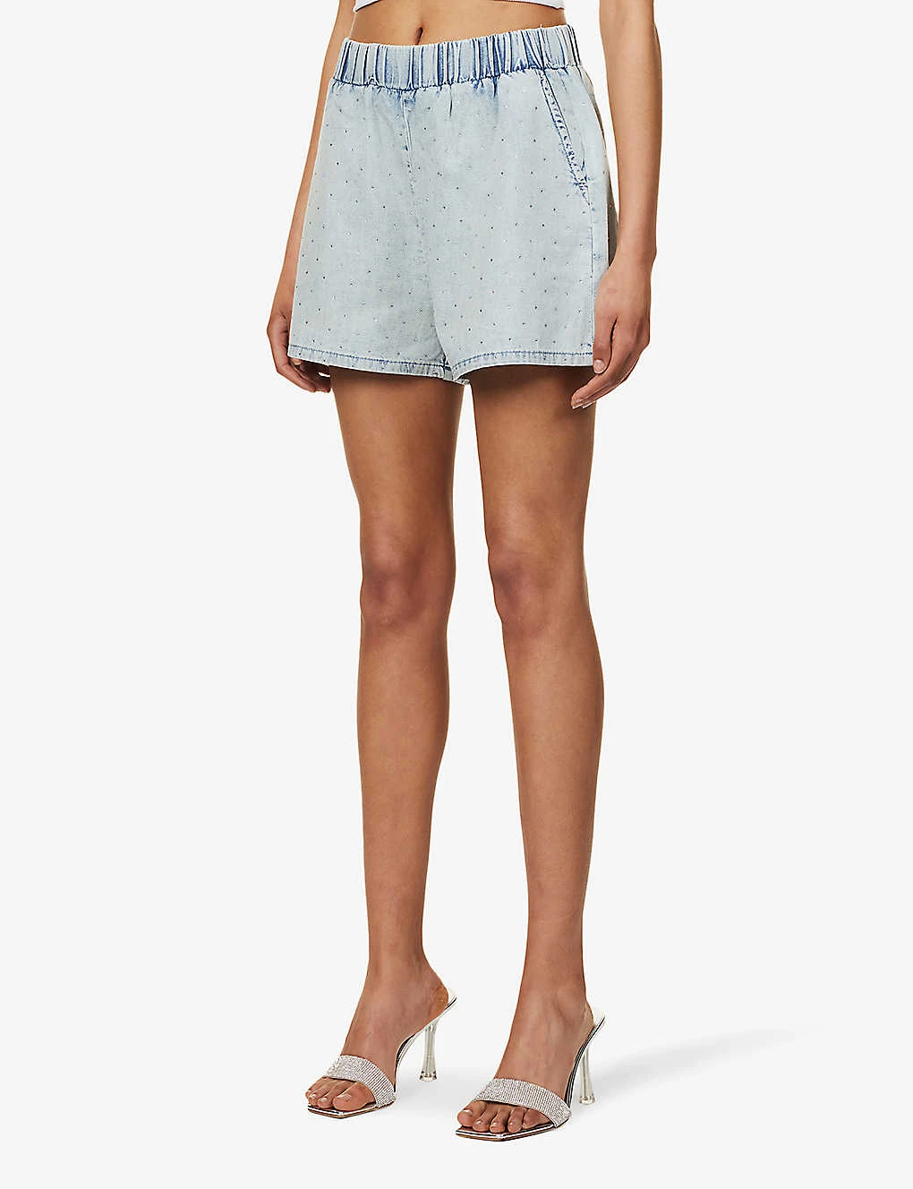 GOOD AMERICAN The Weekender Rhinestone-embellished Faded-wash Mid-rise Denim Shorts 3 GOOD AMERICAN The Weekender Rhinestone-embellished Faded-wash Mid-rise Denim Shorts - Image 3