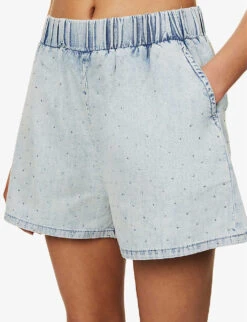 GOOD AMERICAN The Weekender Rhinestone-embellished Faded-wash Mid-rise Denim Shorts 9 GOOD AMERICAN The Weekender Rhinestone-embellished Faded-wash Mid-rise Denim Shorts -Whistles Shop R04166585 INDIGO499 ALT04
