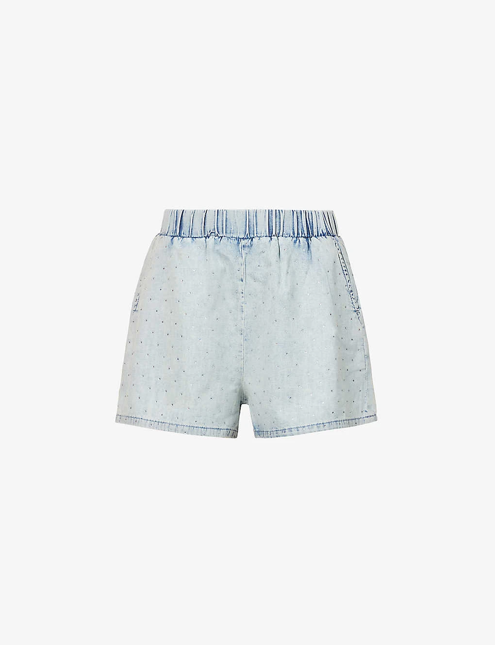 GOOD AMERICAN The Weekender Rhinestone-embellished Faded-wash Mid-rise Denim Shorts 1 GOOD AMERICAN The Weekender Rhinestone-embellished Faded-wash Mid-rise Denim Shorts