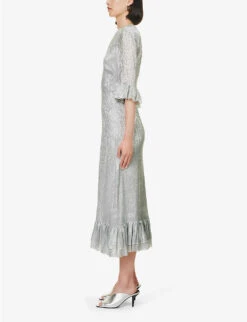 Falconetti Metallic-thread Silk-blend Midi Dress -Whistles Shop R04168129 SILVER ALT02