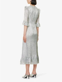 Falconetti Metallic-thread Silk-blend Midi Dress -Whistles Shop R04168129 SILVER ALT03