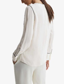 Reiss Estella Contrast-tip Long-sleeve Stretch-woven Blouse -Whistles Shop R04169209 CREAM ALT03