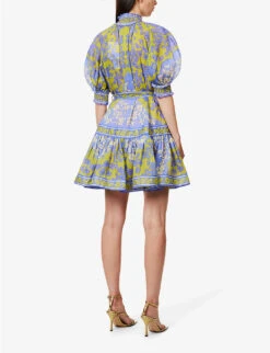 Zimmermann Raie High-neck Puff-sleeve Ramie Mini Dress -Whistles Shop R04174601 TEALGREENFLORAL ALT03
