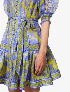 Zimmermann Raie High-neck Puff-sleeve Ramie Mini Dress -Whistles Shop R04174601 TEALGREENFLORAL ALT04