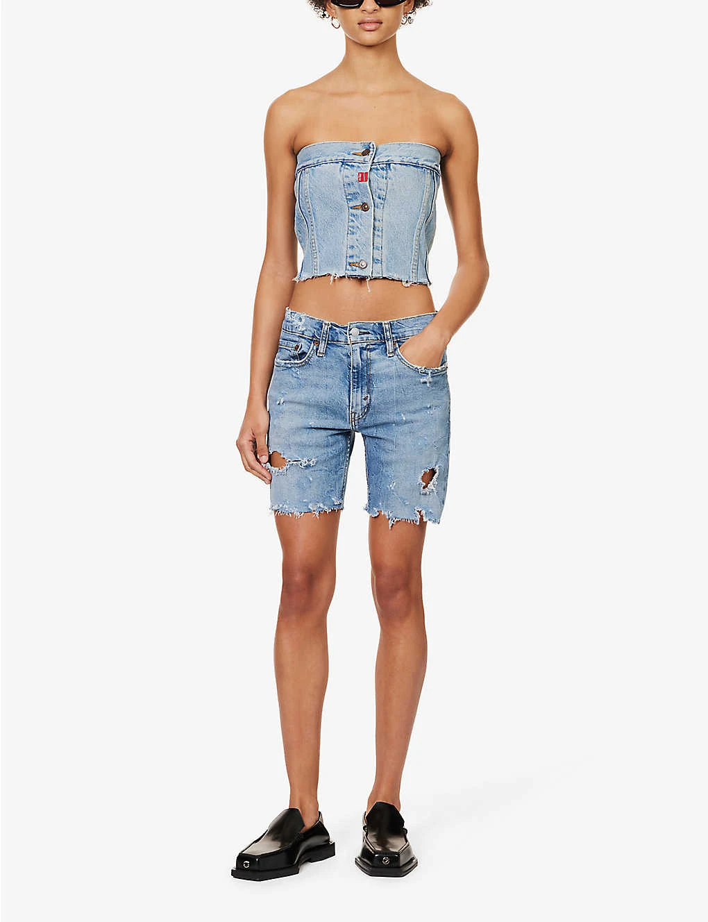 Distressed Mid-rise Upcycled Denim Shorts 2 Distressed Mid-rise Upcycled Denim Shorts - Image 2