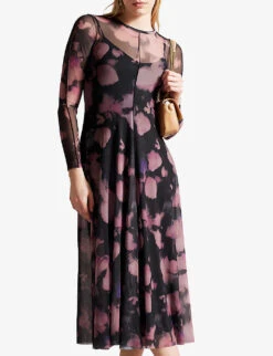 Ted Baker Samiyah Graphic-print Long-sleeve Mesh Midi Dress -Whistles Shop R04181249 BLACK ALT02