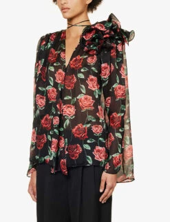 Magda Butrym Floral-embellished Relaxed-fit Silk Blouse 7 Magda Butrym Floral-embellished Relaxed-fit Silk Blouse -Whistles Shop R04183228 BLACK ALT02