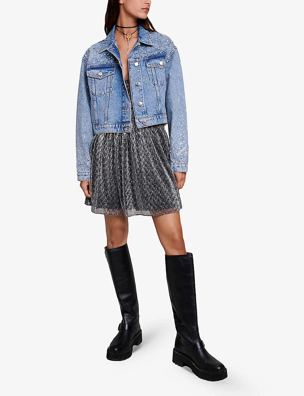 Maje Betoile Rhinestone-embellished Faded Denim Jacket 2 Maje Betoile Rhinestone-embellished Faded Denim Jacket - Image 2