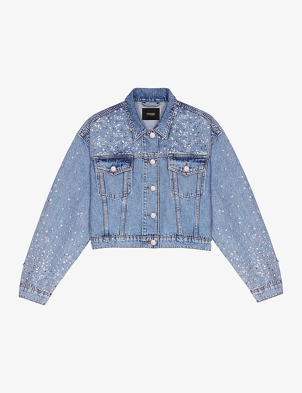 Maje Betoile Rhinestone-embellished Faded Denim Jacket 1 Maje Betoile Rhinestone-embellished Faded Denim Jacket