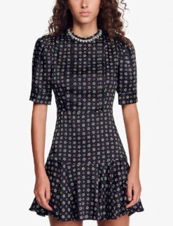 Sandro Mardi Rhinestone-embellished Graphic-print Woven Mini Dress -Whistles Shop R04194612 NOIRGRIS ALT02