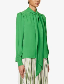 ME AND EM Shirred-trim Self-tie Silk Blouse -Whistles Shop R04194877 RAINFORESTGREEN ALT02